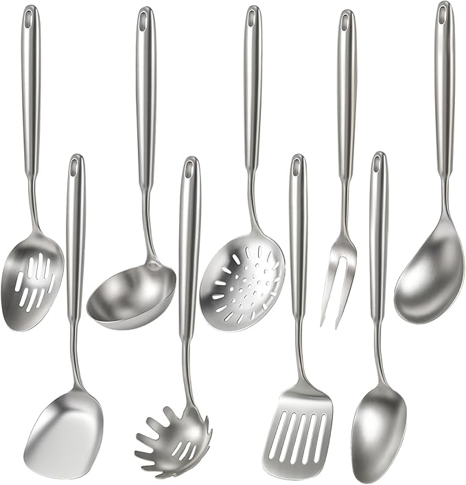 Newness 9 Pcs Cooking Utensils Set, 304 Stainless Steel Kitchen Utensils Set, Metal Kitchen Accessories, Include Soup Ladle, Slotted Skimmer Spoon, Spaghetti Spoon and Spatula, Dishwasher Safe (Short)
