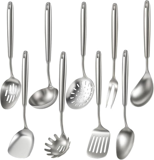 Newness 9 Pcs Cooking Utensils Set, 304 Stainless Steel Kitchen Utensils Set, Metal Kitchen Accessories, Include Soup Ladle, Slotted Skimmer Spoon, Spaghetti Spoon and Spatula, Dishwasher Safe (Short)