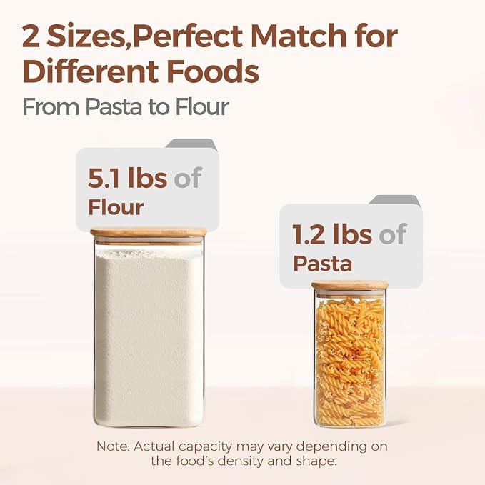 ComSaf Glass Pantry Storage Containers, 4.6Qt/1.6Qt Large Square Flour and Sugar Containers with Airtight Lids, 1.2 Gallon Glass Jars with Bamboo Lids for Rice, Pasta, Cookies, Coffee Beans