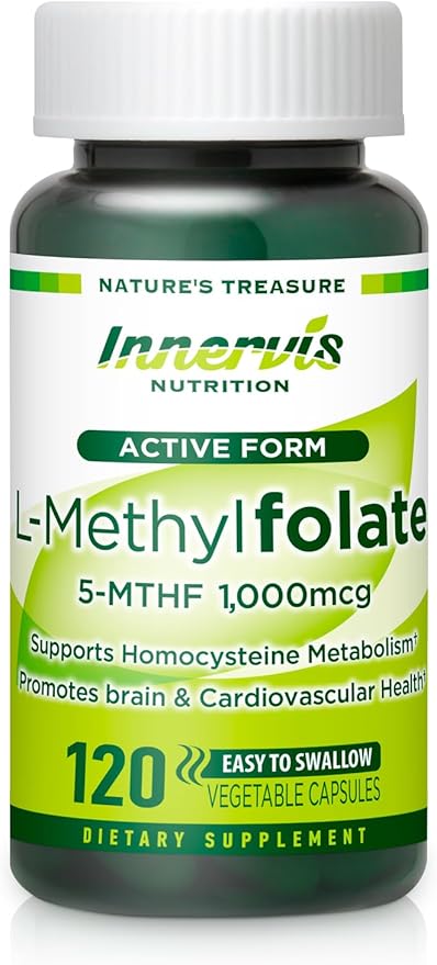 L-Methylfolate 1000mcg (120 Caps) Active Folate for Heart, Nerve Health & Homocysteine Support* - 5-MTHF Methylated Vitamin B9-1700 mcg DFE by Innervis Nutrition