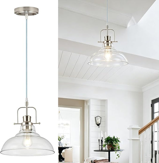 WILON Brushed Nickel Glass Pendant Lights Kitchen Island Lighting, Modern Hanging Lamp for Sink Dining Room Over Table Hallway Entryway Bar Foyer Bathroom