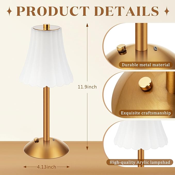 Liliful 2 Pcs Cordless Table Lamp Rechargeable Touch LED Small Gold Portable Battery Operated USB-c Desk Lamp 3 Color Dimmable for Bedroom Living Room Dining (Gold,Frosted Rose Style)