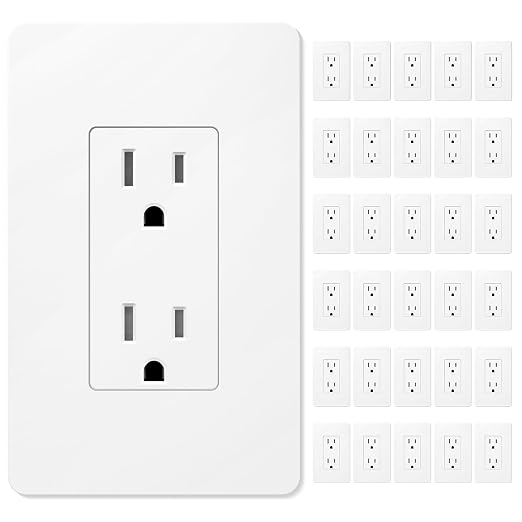 Amico Wall Outlet, UL Listed, Tamper Resistant Standard Electrical Outlet, Decorator Receptacle, Suitable for Home and Business, 125V/1875W, White, 15 Amp - Screwless Wall Plate, 30 Pack