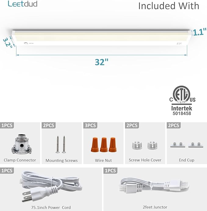 Leetdud Under Cabinet Lighting Plug in or Hardwired Built-in Dimmer, 32 Inch 16W, 5CCT 2700/3000/3500/4000/5000K, Linkable Counter Lights for Kitchen, ETL Dimmable LED Light Fixture, White