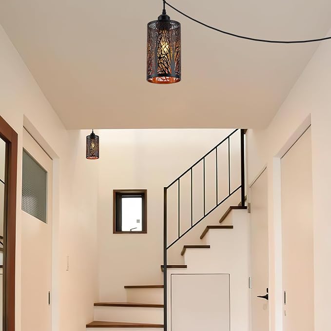 Industrial Black Plug in Pendant Light Vintage Mini Black Gold Hanging Lighting Rustic Hollow-Carved Cylinder Plug-in Pendant Light for Kitchen Island, Bedroom, Dining Room, Hallway