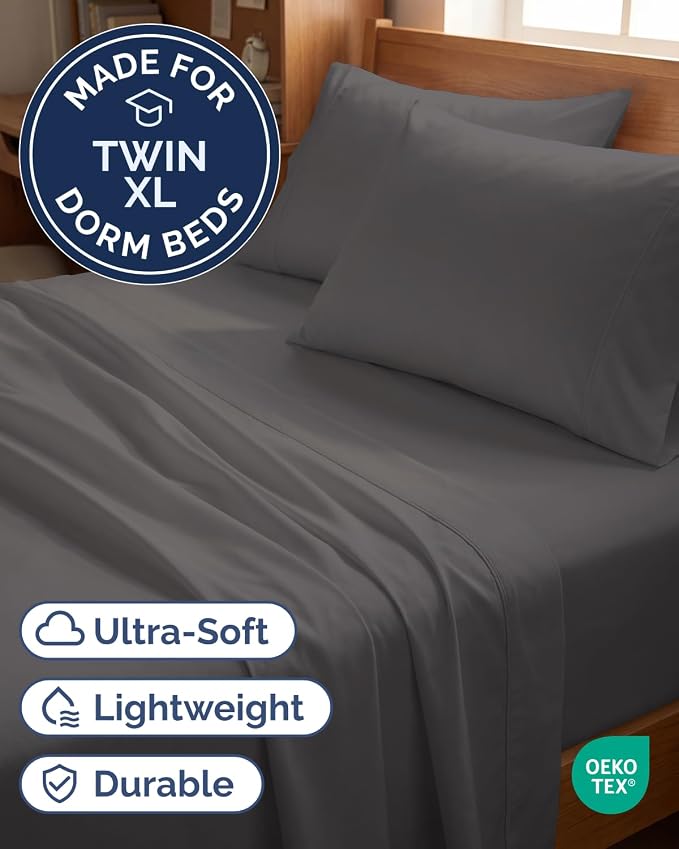 Twin XL 4 Piece Sheet Set - Comfy Breathable & Cooling - Ultra-Soft Hotel Luxury Bedding Set w/ 8-16 Inch Deep Pockets - 1 Flat & 1 Fitted Sheet & 2 Pillowcases - Wrinkle Free & Easy Care - Dark Grey