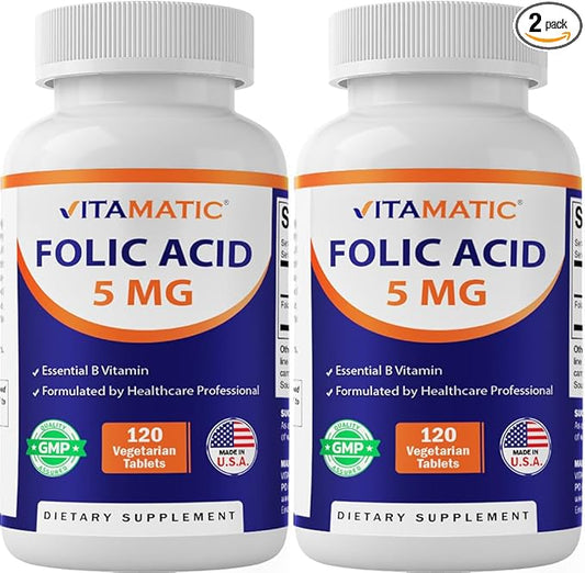Vitamatic Folic Acid 5mg (5000 mcg) – 120 Vegetarian Tablets per Bottle | Pack of 2 (Total 240 Tablets) Vitamin B9 (Folate) | Supports Heart Health, Brain Function, and Prenatal Wellness