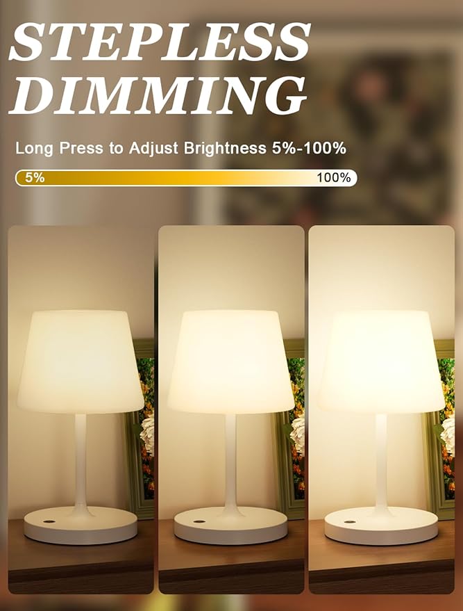 Kakanuo White Cordless Shower Lamp Waterproof, Rechargeable Table Lamp with 4000mAh Battery, Touch Dimmable Desk Light for Outdoor, Kitchen, Bathroom, Camping, Patio, IP54