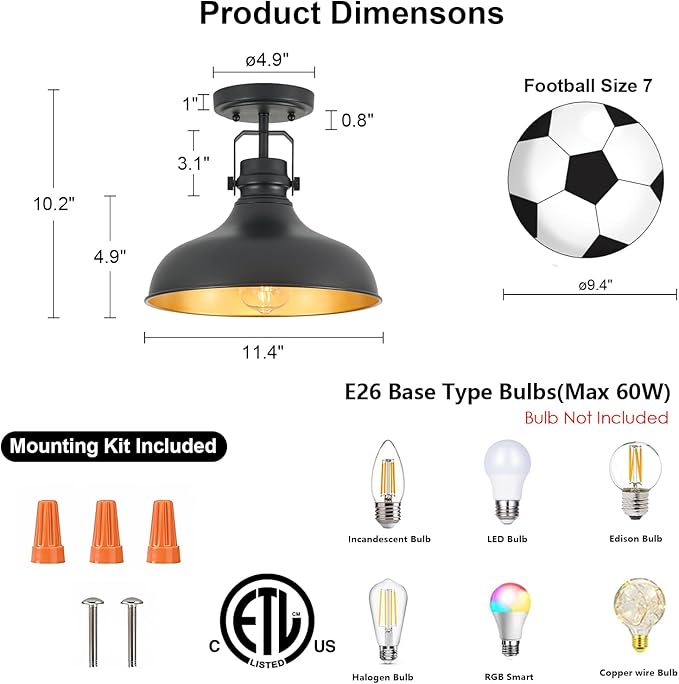 Metal Semi Flush Mount Light Fixture 11.4 inch Ceiling Light Black Hallway Light Fixtures for Kitchen,Hall,Bedroom,Bathroom,Entryway 1 Pack