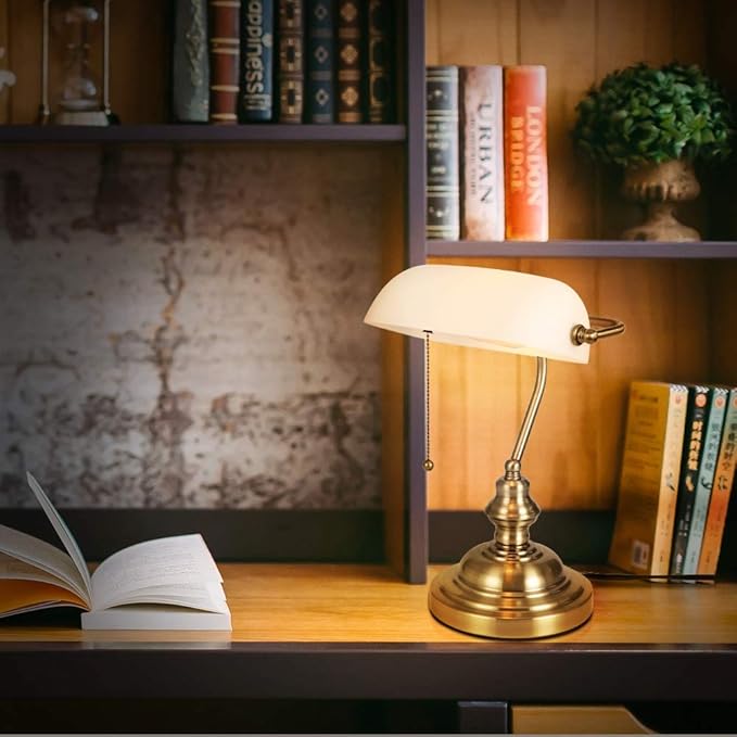 Glass Bankers Desk Lamp with Pull Chain Switch Plug in Fixture,Satin Brass Finish (White)