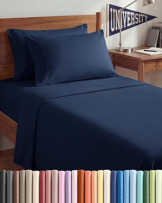 Twin XL 4 Piece Sheet Set - Comfy Breathable & Cooling - Ultra-Soft Hotel Luxury Bedding Set w/ 8-16 Inch Deep Pockets - 1 Flat & 1 Fitted Sheet & 2 Pillowcases - Wrinkle Free & Easy Care - Navy Blue