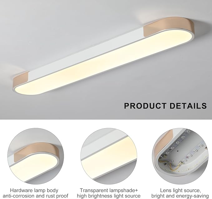 Qcyuui Modern LED Ceiling Light,39.4 Inch Dimmable LED Flush Mount Ceiling Lights,White and Gold Long Ceiling Light Fixture for Office Bedroom Kitchen Hallway (48W/3000-6500K)