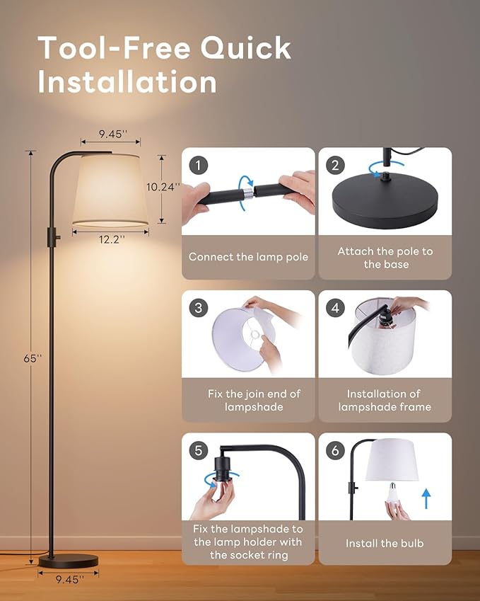 Dimmable Arc Floor Lamp, 1200 Lumens RGBCW Color Change Bulb Included, Standing Lamp with Linen Shade, 65" Tall Lamp with Remote for Living Room, Bedroom, Office, Dining Room, Kitchen, Black
