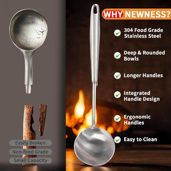 Deep Stainless Steel 13.7 Inches Newness Soup Ladle,[Rustproof, Heat Resistance, Integral Forming]Resilient 304 Stainless Steel Soup Spoon with Vacuum Ergonomic Round Handle, Cooking Spoon for Kitchen