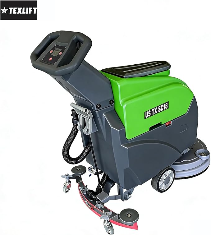 Walk-Behind Commercial Floor Scrubber Machine, 18″ Cleaning Width, Battery Powered Scrubber Dryer with 13 Gal Tanks for Warehouse, Retail & Facility Cleaning (US-TX-SC18)