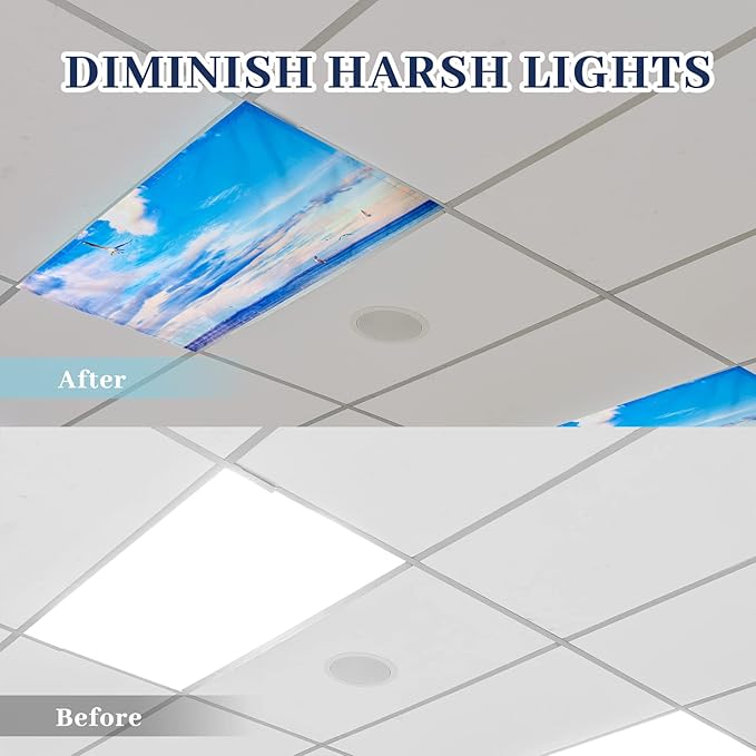 Hortsun 6 Pcs Magnetic Fluorescent Light Covers, 4 x 2 Feet Magnetic Classroom Light Covers for Fluorescent Shade, Drop Ceiling Lighting, School Office Classroom Decor(Blue Sky)