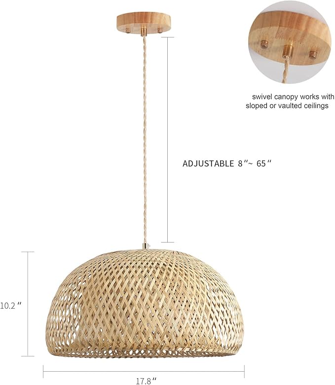 Bamboo Large Pendant Light Fixture 17.8 inch One-Light Adjustable Rustic Basket Handmade Woven Pendant Lighting for Kitchen Island Farmhouse Dining Room Living Room