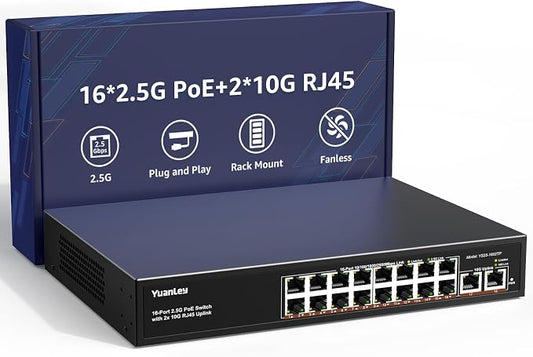 YuanLey 18 Port 2.5G PoE Switch Unmanaged, 16 x 2.5GbE PoE Ports, 2 x 10G RJ45 Uplink, 250W, Multi-Gigabit Ethernet PoE Switch, IEEE 802.3af/at, Fanless Metal, for IP Camera, WiFi 6 AP, NAS, Gaming