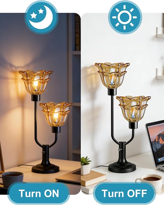 Lightdot Mid Century Modern Flower Table Lamp for Living Room Dimmable Nightstand Lamp Amber Glass Vintage Black Desk Lamp 2 Bulbs Included Warmwhite Ambient Bedside Lamp for Bedroom Home Office Decor