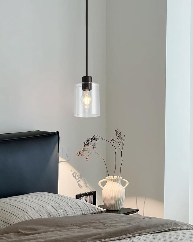 2 Pack Brown and Gold Pendant Lights for Kitchen Island, Modern Brown Hanging Light with Clear Glass Shade, Adjustable Metal Rod Pendant Lighting for Dining Room, Bar, Living Room