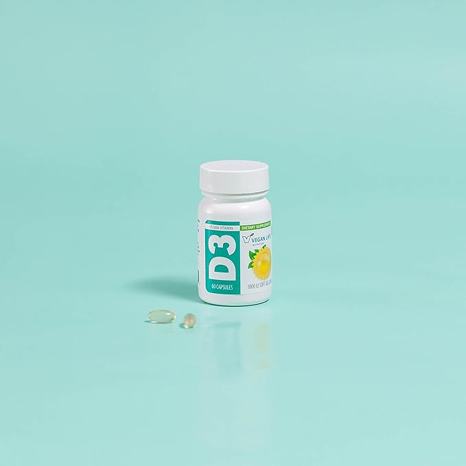 Vegan Life Nutrition - ビタミンD3カプセル（大人用、1000IU） - グルテンフリー、非遺伝子組み換え、骨の健康と免疫システムをサポート - 60カプセル