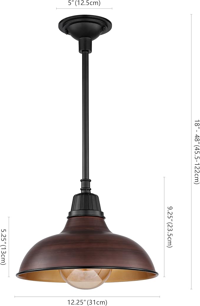 JONATHAN Y 12.25" Wood Finish/Copper Farmhouse Indoor/Outdoor LED Pendant Iron Hanging Light, and Black 1-Light Metal Shade, Rustic Ceiling Lamp for Kitchen Island, LED Bulb Included (JYL7611G)