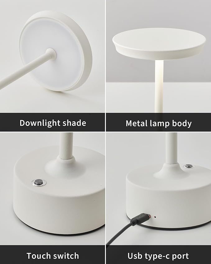 PUSU Rechargeable Table Lamps Set of 2, White Cordless LED 4000mAh Battery Desk Lamp, Stepless Dimming & 3 Color 2700K-6000K, Portable Lamp for Bedroom, Living Room, Restaurant, Outdoor, Night Light
