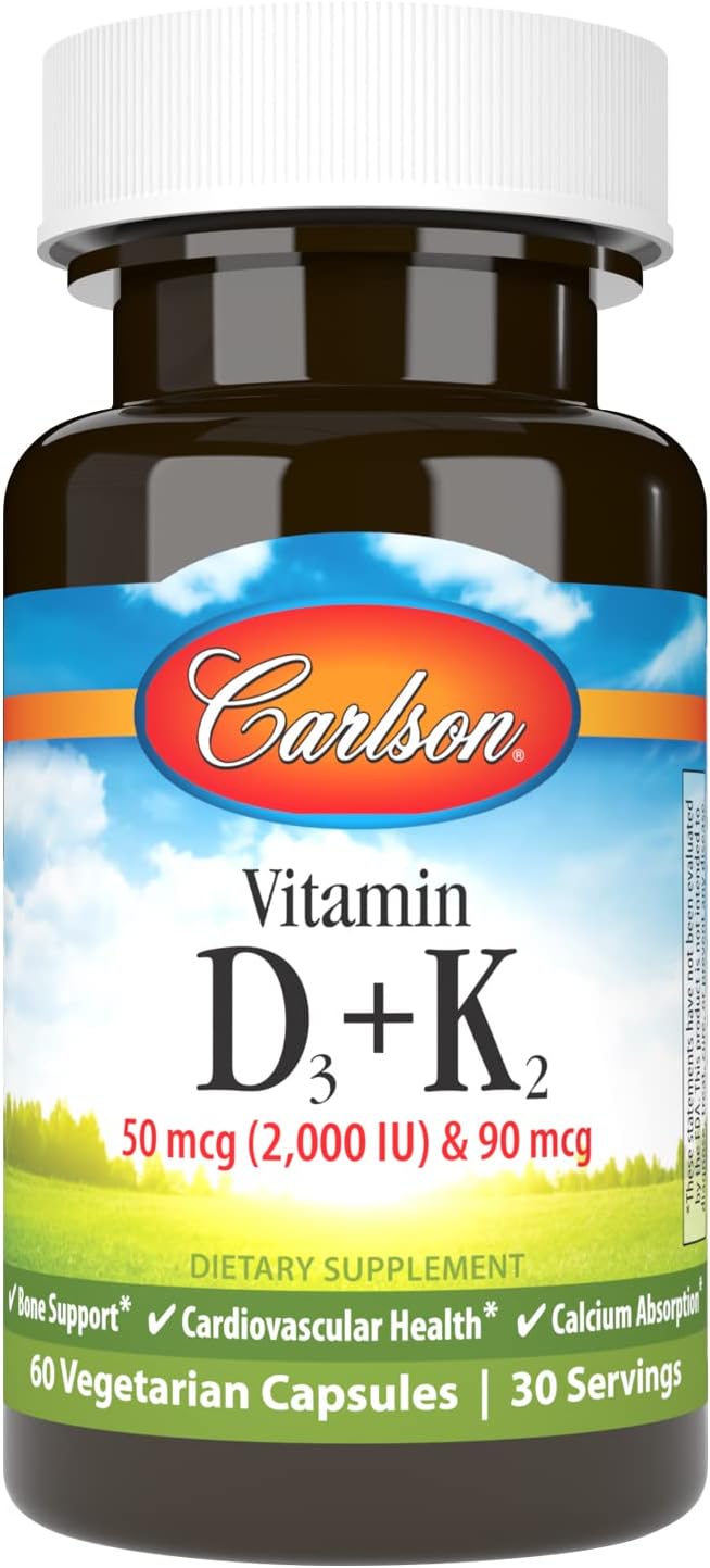 Carlson - Vitamine D3 + K2, 50 mcg (2000 UI) Vitamine D3 & 90 mcg Vitamine K2 sous forme de MK7, Soutien Osseux, Absorption du Calcium, 60 Gélules