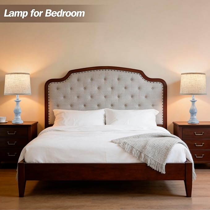 Vintage Table Lamp for Living Room Bedroom, 18.5" Farmhouse Bedside Lamps Nightstand Lamp Set of 2, Table Lamps with Oatmeal Linen Lamp Shades, 2 LED Bulbs Included, Washed Blue