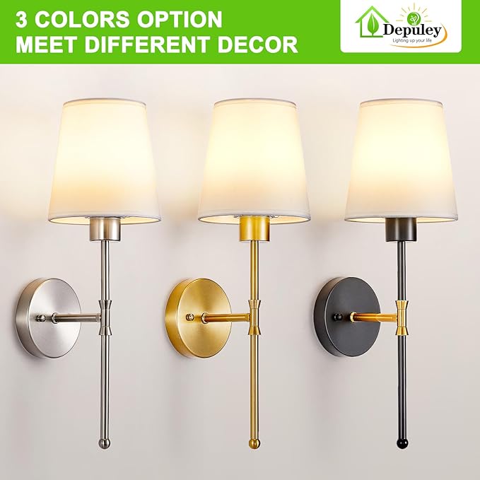 Depuley Battery Operated Wall Sconce: Set of 2 19.99" Wireless Wall Lights with Remote for Bedroom - Rechargeable 15 Colors Gold Wall Lamp for Living Room Hallway Decor