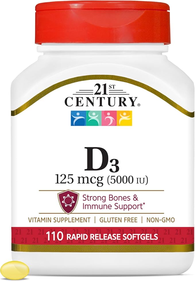 21st Century Healthcare Vitamine D3 125 µg (5 000 UI) Gélules à libération rapide, 110 unités