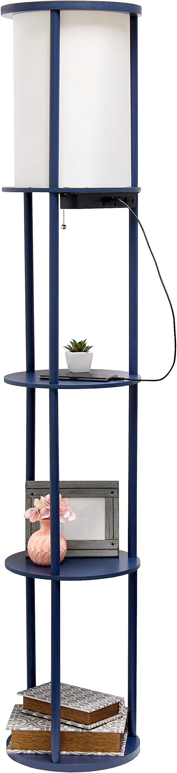 Simple Designs LF2010-NAV 62.5" Round Modern Shelf Etagere Organizer Storage Floor Lamp with 2 USB Charging Ports, 1 Charging Outlet and Linen Shade for Living Room Bedroom Office, Navy