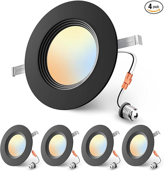 Ensenior 5/6 Inch 5CCT LED Can Lights 4 Pack, Retrofit Led Recessed Lighting, Baffle Trim, Dimmable, 9W=110W, 1000LM, 2700K/3000K/3500K/4000K/5000K Selectable, IC Rated, Black - ETL & FCC
