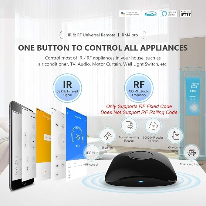 Broadlink Rm4 Pro Universal Remote with Sensor Cable, RF/IR Remote Control for TV, AC, Fans, Smart Home Hub Compatible with Alexa, Google Assistant, IFTTT, 2.4GHz WiFi Only
