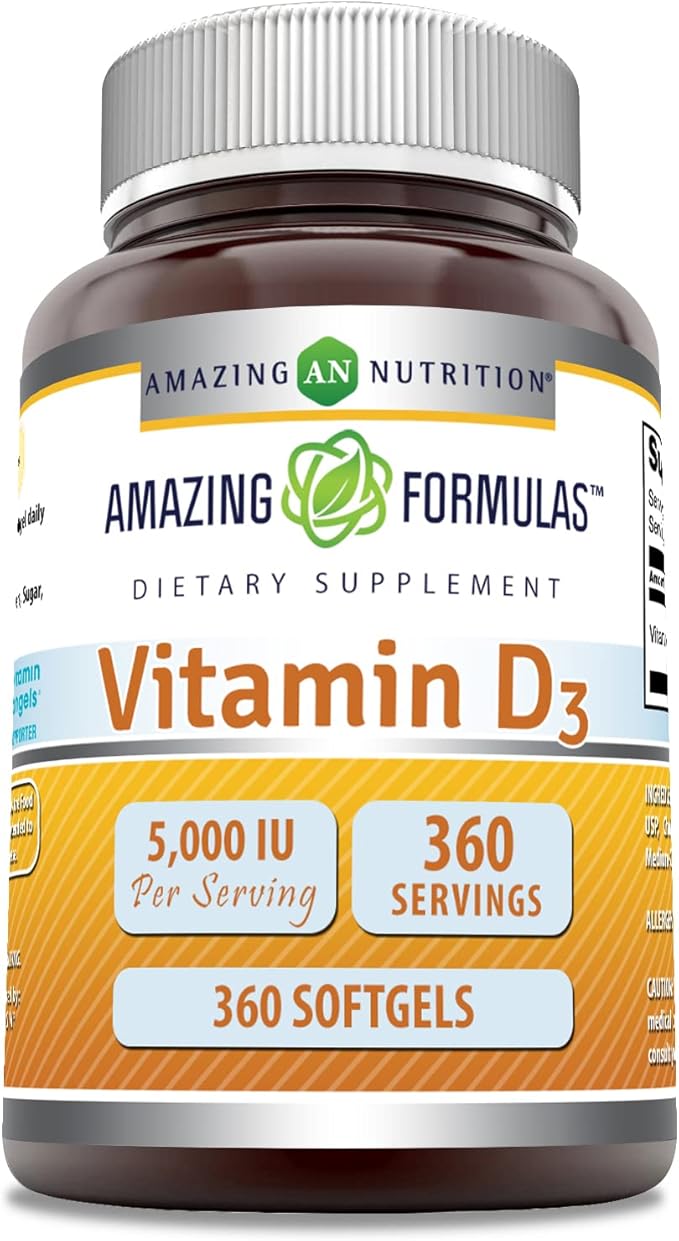 Amazing Formulas ビタミンD3（コレカルシフェロール）サプリメント | 1回分あたり5000 IU | ソフトジェル | 非遺伝子組み換え | グルテンフリー | 米国製 (1個パック | 360粒)