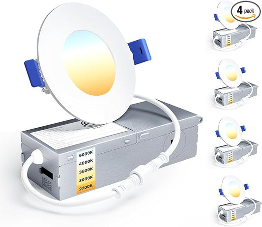 Ensenior 4 Pack 3 Inch LED Recessed Light, Dimmable, 2700K-5000K 5CCT, 500LM High Brightness, 6W 120V, Damp Rated, Ultra-Thin Canless Wafer Light - ETL & FCC & IC