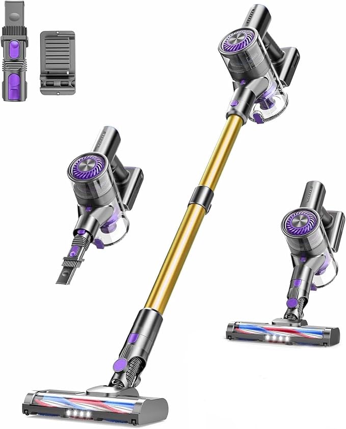 Cordless Vacuum Cleaner, 6 in 1 Lightweight Stick Vacuum with Rechargeable Battery, Handheld Conversion, LED Headlights & 180° Swivel Brush, for Hardwood Floor Carpet Pet Hair Stairs Car(G-Purple)