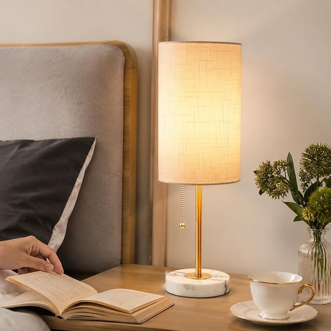 JUNNAI Table Lamps Set of 2, Gold Bedside Lamps, 3 Way Dimmable Nightstand Lamps with Marble Base & Linen Shade &Pull Chain,18.5 Inches Tall Skinny Desk Lamps for Bedroom Living Room(Bulbs Included)