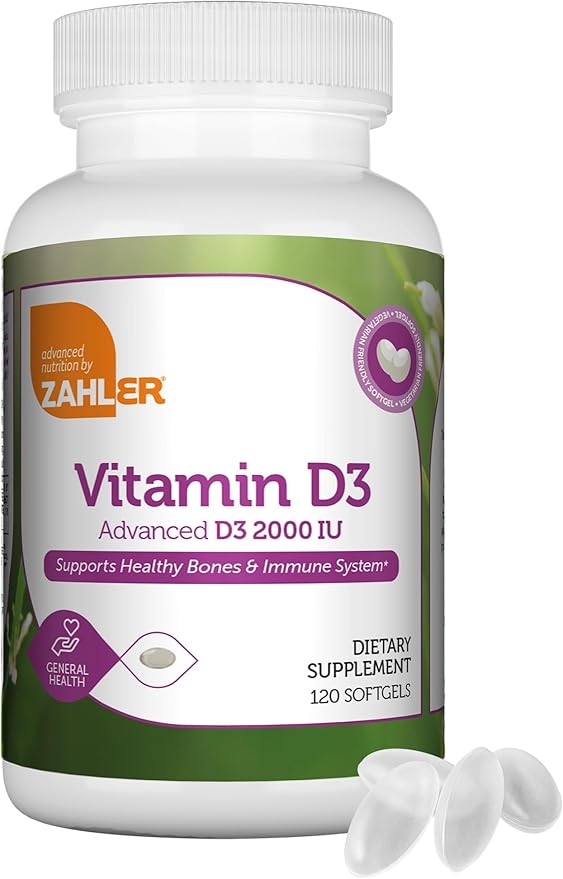 Zahler - Vitamine D3 Avancée 2000 UI Gélules (120 unités) Vitamine D Casher Végétarienne pour le Soutien Immunitaire, la Santé des Os, des Dents et des Muscles - Supplément Quotidien de Vitamine D3 pour Adultes - Facile à Avaler V