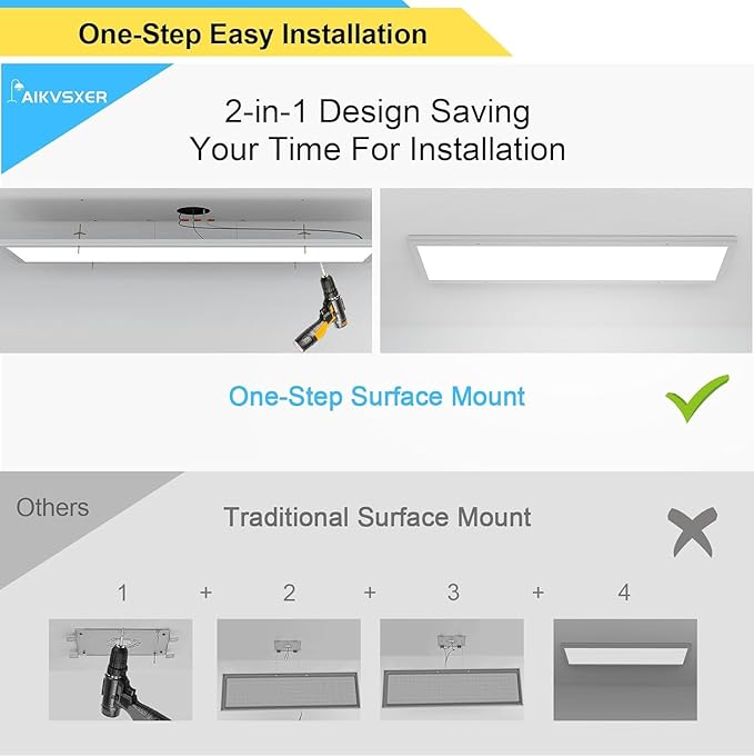 AIKVSXER 12PACK 1x4 LED Flat Panel Light Surface Mount LED Ceiling Light, 5500LM 50W TRIAC 10-100% Dimmable, 3000/4000/5000K AC120V Kitchen Lights Ceiling Flush Mount for Garage/Basement/Laundry