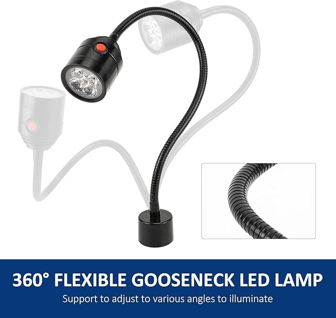 Magnetic Work Light, LED Machine Light with Flexible Gooseneck and Magnetic Base, Shop Tool Lamp for Lathe, Work Bench, Sewing Machine, Grill, Industrial Lighting Black