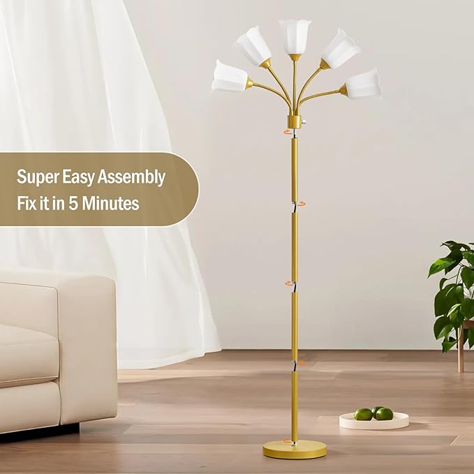 GyroVu Medusa Floor Lamp, Multi Head Modern Tall Lamp with Adjustable Gooseneck Standing Gold Lamps for Living Room Kids Room&Bedroom-5 White Lampshades-Bulb Not Included