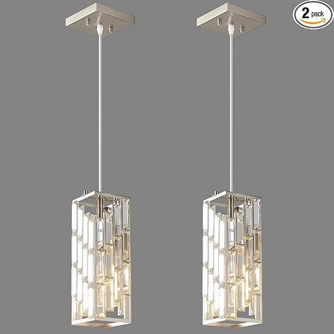Brushed Nickel Pendant Lighting Modern Pendant Light, Mini Crystal Chandeliers, Adjustable Pendant Light Fixture for Kitchen Island Dinning Room Bedroom (2 Pack)