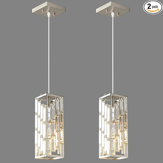 Brushed Nickel Pendant Lighting Modern Pendant Light, Mini Crystal Chandeliers, Adjustable Pendant Light Fixture for Kitchen Island Dinning Room Bedroom (2 Pack)