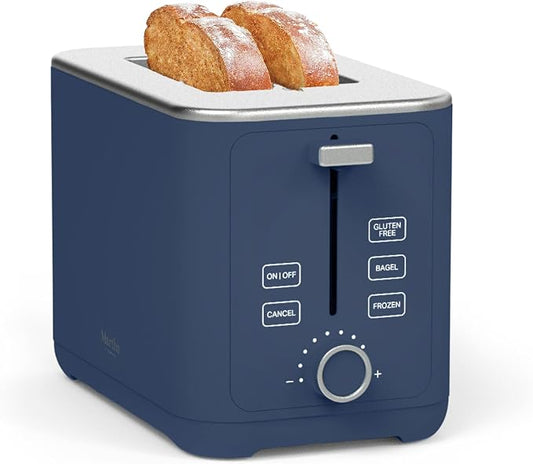 Martha Stewart 2 Slice Toaster, 10 Shade Settings with Defrost, Cancel, Bagel & Gluten-Free, Extra-Wide Self-Centering Slots for Waffles & Artisan Bread, Removable Crumb Tray, Cord Wrap, Indigo Blue