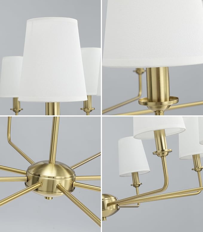 40.5'' 8-Light Brushed Gold Chandelier, E12 Base, White Fabric Shade - Farmhouse & Industrial Style Pendant Light for Dining Room Living Room Bedroom Kitchen