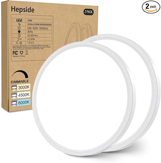hepside 2PACK Flush Mount LED Ceiling Light Fixture White, 12Inch 28Watt, Dimmable & 3000K-4500K-6000K Ceiling Lamp 3200LM Low Profile Ceiling Light for Kitchen Bedroom Hallway Porch