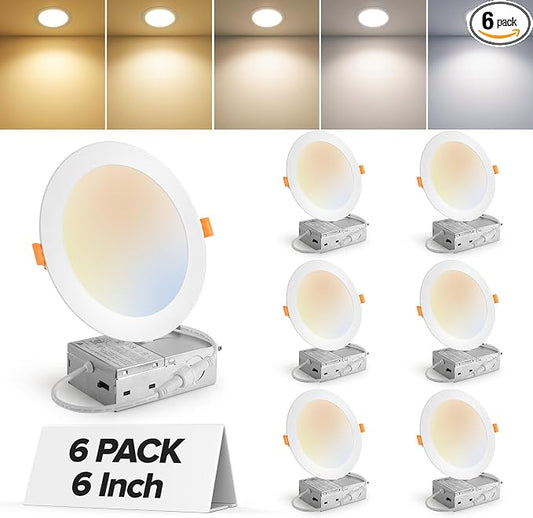 MAILCOS 6 Pack 6 Inch 5CCT Ultra-Thin LED Recessed Ceiling Light with Junction Box, 2700K-5000K Selectable, 1050LM High Brightness, Dimmable Canless Wafer Downlight, 12W 120V, ETL