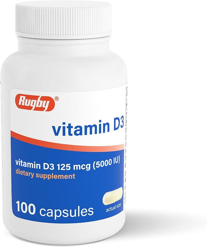 Rugby Vitamin D3 5,000 IU (125 mcg) - Vitamin D Dietary Supplement for Bone, Teeth, and Immune Health, 100 Capsules