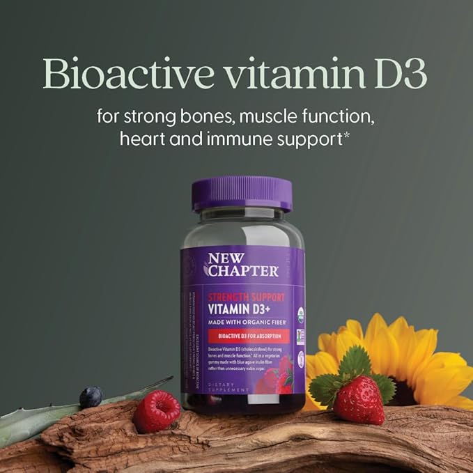 New Chapter Organic Vitamine D3+ Gummies – 52 % de sucre en moins§, 1 000 UI de vitamine D biologique USDA, UN Gummy par jour pour des os solides et une fonction musculaire optimale, sans OGM, sans gluten, saveur Fruits rouges mélangés, 60 unités